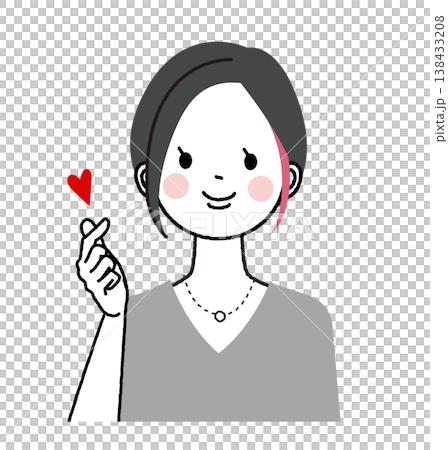 A woman with a short bob haircut and inner highlights, making a heart shape with her fingers. A woman with a short bob haircut and inner highlights, making a heart shape with her fingers. 138433208