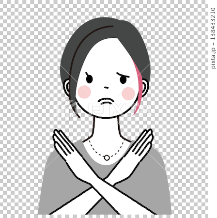 A woman with a short bob haircut and inner highlights; another woman making an "X" sign with her hands. A woman with a short bob haircut and inner highlights; another woman making an "X" sign with her hands. 138433210