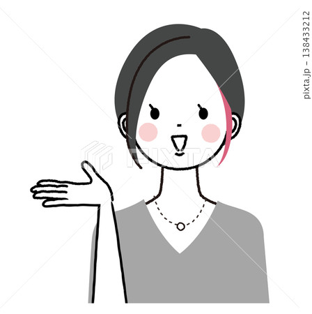 インナーカラーのショートボブの女性　こちらですのポーズをしている女性 138433212