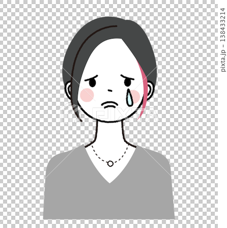 一位留著齊耳短髮並挑染了髮絲的女子;一位表情悲傷的女子,哭泣著,淚流滿面。 一位留著齊耳短髮並挑染了髮絲的女子;一位表情悲傷的女子,哭泣著,淚流滿面。 138433214