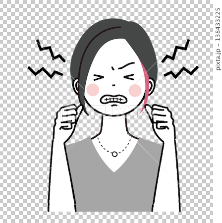 一位留著齊耳短髮並挑染了內層頭髮的女士;一位歇斯底里地憤怒的女士。 一位留著齊耳短髮並挑染了內層頭髮的女士;一位歇斯底里地憤怒的女士。 138433225