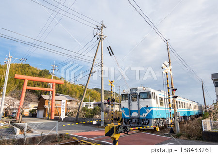 【牟岐線】神社の鳥居の横を通過する普通列車 138433261