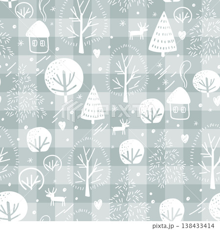 Seamless pattern with icy wood. Frosty snowy forest winter background. Hand drawing Vector illustration 138433414