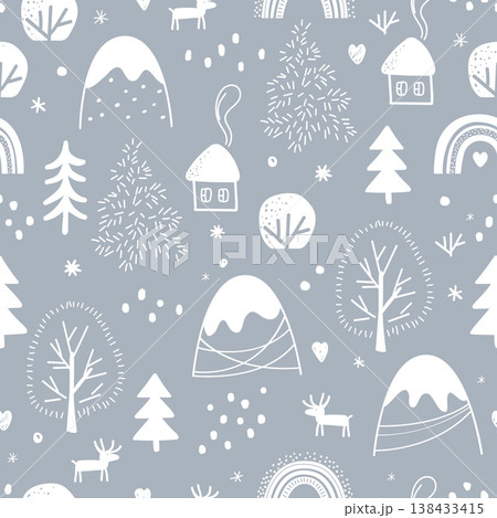 Seamless pattern with cartoon winter landscape. Snowy forest and houses background. Hand drawing Vector illustration 138433415