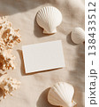 Blank White Horizontal Business Card Mockup on Linen Background with Sea Shells 138433512