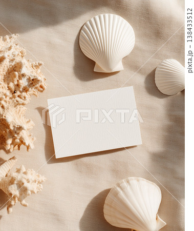 Blank White Horizontal Business Card Mockup on Linen Background with Sea Shells Blank White Horizontal Business Card Mockup on Linen Background with Sea Shells 138433512