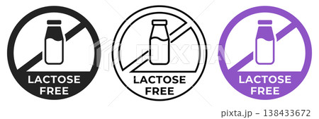 Lactose free icon. No lactose forbidden label. Dairy free ban or prohibition logo, illustration, badge, symbol, stamp, sticker, emblem or seal isolated. Lactose free icon. No lactose forbidden label. Dairy free ban or prohibition logo, illustration, badge, symbol, stamp, sticker, emblem or seal isolated. 138433672