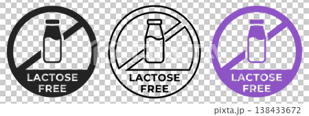 Lactose free icon. No lactose forbidden label. Dairy free ban or prohibition logo, illustration, badge, symbol, stamp, sticker, emblem or seal isolated. Lactose free icon. No lactose forbidden label. Dairy free ban or prohibition logo, illustration, badge, symbol, stamp, sticker, emblem or seal isolated. 138433672
