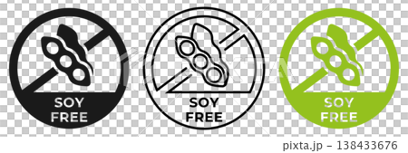 Soy free icon. Zero beans forbidden label. Soy free ban or prohibition logo, illustration, badge, symbol, stamp, sticker, emblem or seal isolated. 138433676