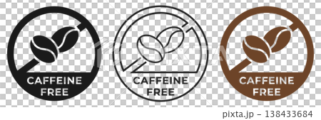 Caffeine free icon. Caffeine free forbidden label. Decaf ban or prohibition logo, illustration, badge, symbol, stamp, sticker, emblem or seal isolated. 138433684
