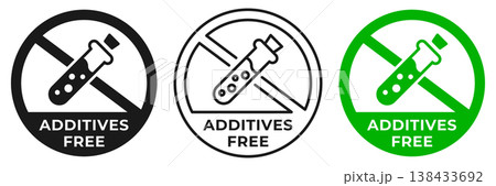 Additives free icon. Additives forbidden label. No chemicals ban or prohibition logo, illustration, badge, symbol, stamp, sticker, emblem or seal isolated. 138433692