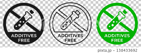 Additives free icon. Additives forbidden label. No chemicals ban or prohibition logo, illustration, badge, symbol, stamp, sticker, emblem or seal isolated. 138433692