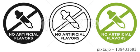 No artificial flavors icon. Artificial flavors forbidden label. No chemicals ban or prohibition logo, illustration, badge, symbol, stamp, sticker, emblem or seal isolated. No artificial flavors icon. Artificial flavors forbidden label. No chemicals ban or prohibition logo, illustration, badge, symbol, stamp, sticker, emblem or seal isolated. 138433693