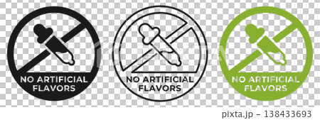 No artificial flavors icon. Artificial flavors forbidden label. No chemicals ban or prohibition logo, illustration, badge, symbol, stamp, sticker, emblem or seal isolated. No artificial flavors icon. Artificial flavors forbidden label. No chemicals ban or prohibition logo, illustration, badge, symbol, stamp, sticker, emblem or seal isolated. 138433693