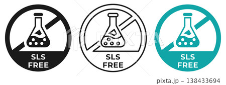 SLS and SLES free icon. Paraffin, paraben and sulfate forbidden label. No chemicals ban or prohibition logo, illustration, badge, symbol, stamp, sticker, emblem or seal isolated. SLS and SLES free icon. Paraffin, paraben and sulfate forbidden label. No chemicals ban or prohibition logo, illustration, badge, symbol, stamp, sticker, emblem or seal isolated. 138433694