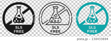 SLS and SLES free icon. Paraffin, paraben and sulfate forbidden label. No chemicals ban or prohibition logo, illustration, badge, symbol, stamp, sticker, emblem or seal isolated. SLS and SLES free icon. Paraffin, paraben and sulfate forbidden label. No chemicals ban or prohibition logo, illustration, badge, symbol, stamp, sticker, emblem or seal isolated. 138433694