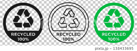 Recycled icon. Made from recycled materials symbol. Zero waste sign. Reused plastic and paper label isolated. Recycled icon. Made from recycled materials symbol. Zero waste sign. Reused plastic and paper label isolated. 138433695