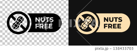 Peanuts free icon. No nuts label. Allergen free illustration, logo, symbol, sign, stamp, tag, emblem, mark or seal for product packaging isolated. Peanuts free icon. No nuts label. Allergen free illustration, logo, symbol, sign, stamp, tag, emblem, mark or seal for product packaging isolated. 138433703