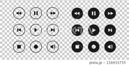 Play and pause vector icon set. Media player buttons. Audio or video multimedia symbols. Digital control signs isolated. Outline rounded black sound and volume panel. 138433735