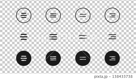 Hamburger menu buttons vector icon set. Web or mobile app navigation interface simple line signs. Website or application creative UI design elements isolated. Circle outline burger menu. 138433738