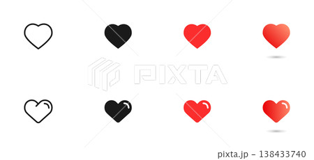 Heart and love vector icon set. Red valentine's day romantic symbols. Black passion signs isolated. Heart shape medicine concept. 138433740