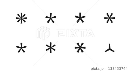 Asterisk icon set. Multiply, apostrophe or punctuation vector symbol. Password input security mark isolated. Advertisement footnote logo. Code cross web star. 138433744