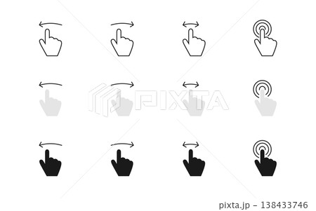 Swipe vector icon set. Left, right and click hand gesture illustration. Drag and move arrow sign. Touch, slide, scroll and tap pointer symbol. Advertising action swipe button for web or app interface 138433746