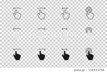 Swipe vector icon set. Left, right and click hand gesture illustration. Drag and move arrow sign. Touch, slide, scroll and tap pointer symbol. Advertising action swipe button for web or app interface 138433746