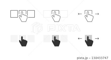 Leaf through gesture vector icon set. Turn or swipe symbol. Drag and move hand sign. Slide, scroll, click or tap illustration. Advertising or ecommerce action button isolated. 138433747