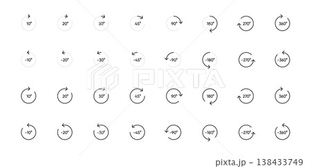 360 rotation angles icon set in flat design with elements for web site design and mobile apps. 60, 45 turn around spin signs or turn pictograms isolated. Full rotation circle. 138433749