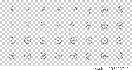 360 rotation angles icon set in flat design with elements for web site design and mobile apps. 60, 45 turn around spin signs or turn pictograms isolated. Full rotation circle. 138433749
