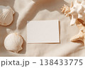 Blank White Horizontal Business Card Mockup on Linen Background With Sea Shells 138433775