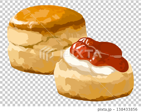 スコーン1個と半分に割っていちごジャムとクロテッドクリームをトッピングしたスコーン半分 138433856