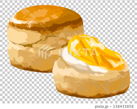 スコーン1個と半分に割ってマーマレードジャムとクロテッドクリームをトッピングしたスコーン半分 138433858