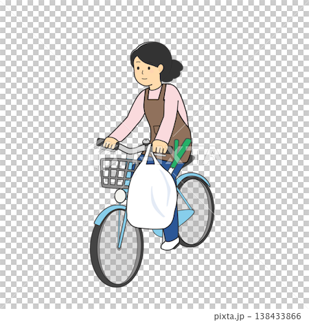An illustration of a housewife riding a bicycle with bags hanging from the handlebars. Shopping, Violation, Danger An illustration of a housewife riding a bicycle with bags hanging from the handlebars. Shopping, Violation, Danger 138433866