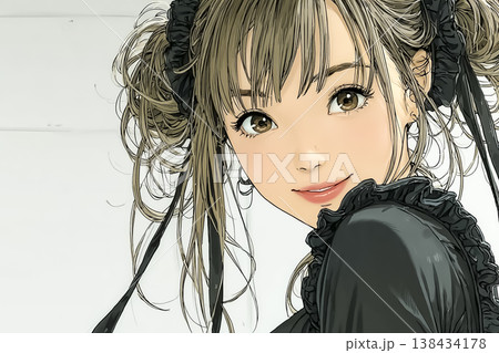 肩越しに微笑むゴシックメイド風の女性イラスト｜黒フリル衣装が映える上品なポートレート 138434178