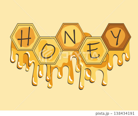 Dripping honeycomb composition decorated Honey lettering. Organic and wild honey concept. Vector isolated hand drawn illustration 138434191