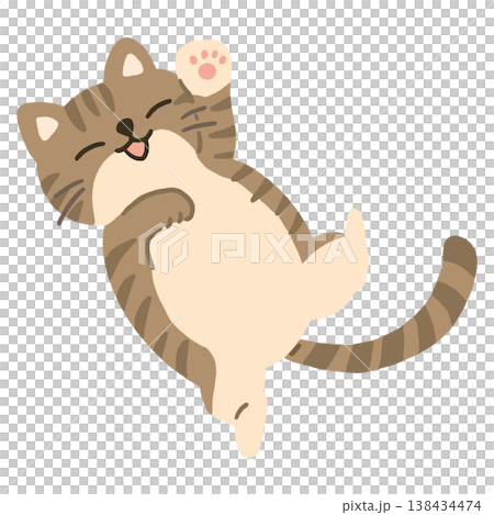 一幅可愛的向量插圖，描繪了一隻虎斑貓睡覺時露出肚皮的情景。 138434474