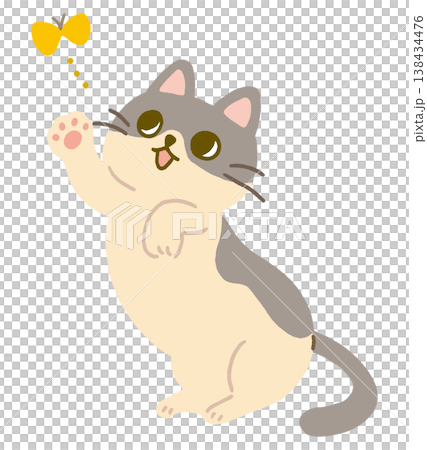 A cute vector illustration of a calico cat playing and chasing a butterfly. 138434476