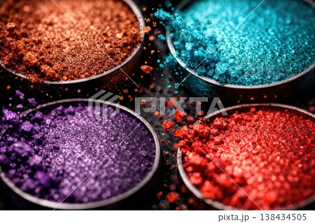 Close-up of vibrant, shimmering loose eyeshadow pigments in four colorful pots 138434505