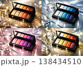 Four vibrant eyeshadow palettes with shimmering glitter and reflective spheres, showcasing diverse color stories 138434510