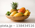 A woven basket overflowing with a vibrant assortment of fresh tropical fruits 138434516