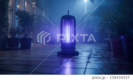 夜の中庭のタイル床に置かれた屋外用UVランプ 138434537