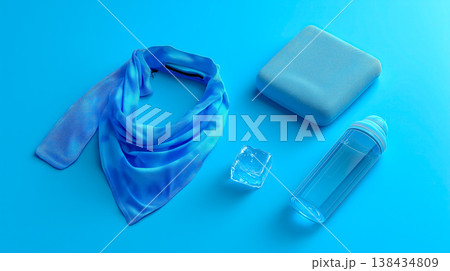 青いスカーフとボトルのフラットレイ 138434809