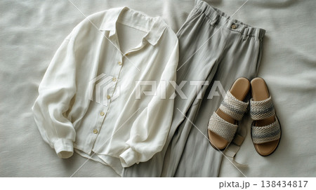 白シャツとグレーパンツを組み合わせたフラッ. 138434817