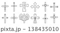 Decorated Christian crosses, black line icon set. Monochrome outline creative sign collection, isolated religious symbols, linear various cliparts 138435010
