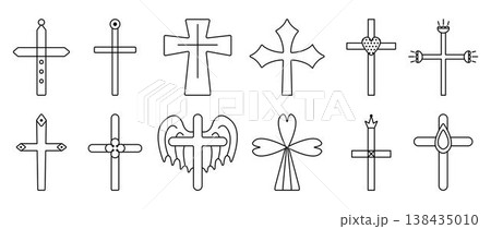 Decorated Christian crosses, black line icon set. Monochrome outline creative sign collection, isolated religious symbols, linear various cliparts 138435010