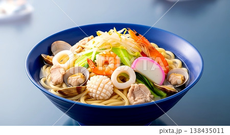 a regional champon noodle soup with thick noodles seafood medley including shrimp squid clams cabbage bean sprouts kamaboko in flavorful chicken pork seafood broth  138435011