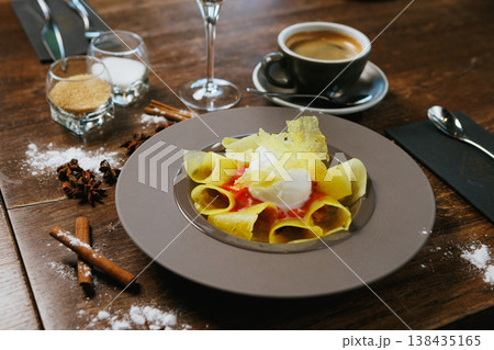 Tropical pineapple slices with ice cream and spices Tropical pineapple slices with ice cream and spices 138435165