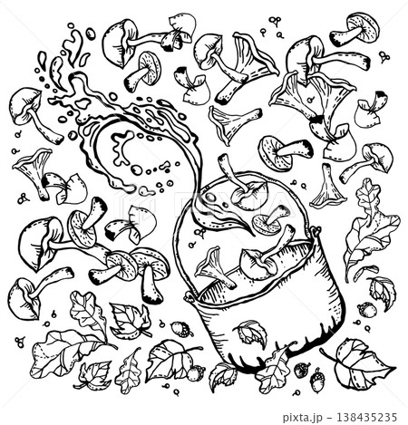 Camping cauldron with mushroom soup 138435235